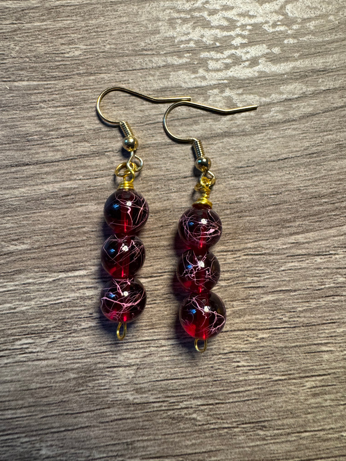 Glass Bead Earrings - Red Marble