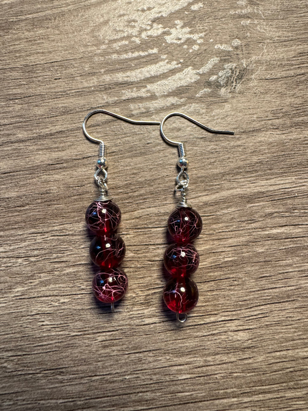 Glass Bead Earrings - Red Marble